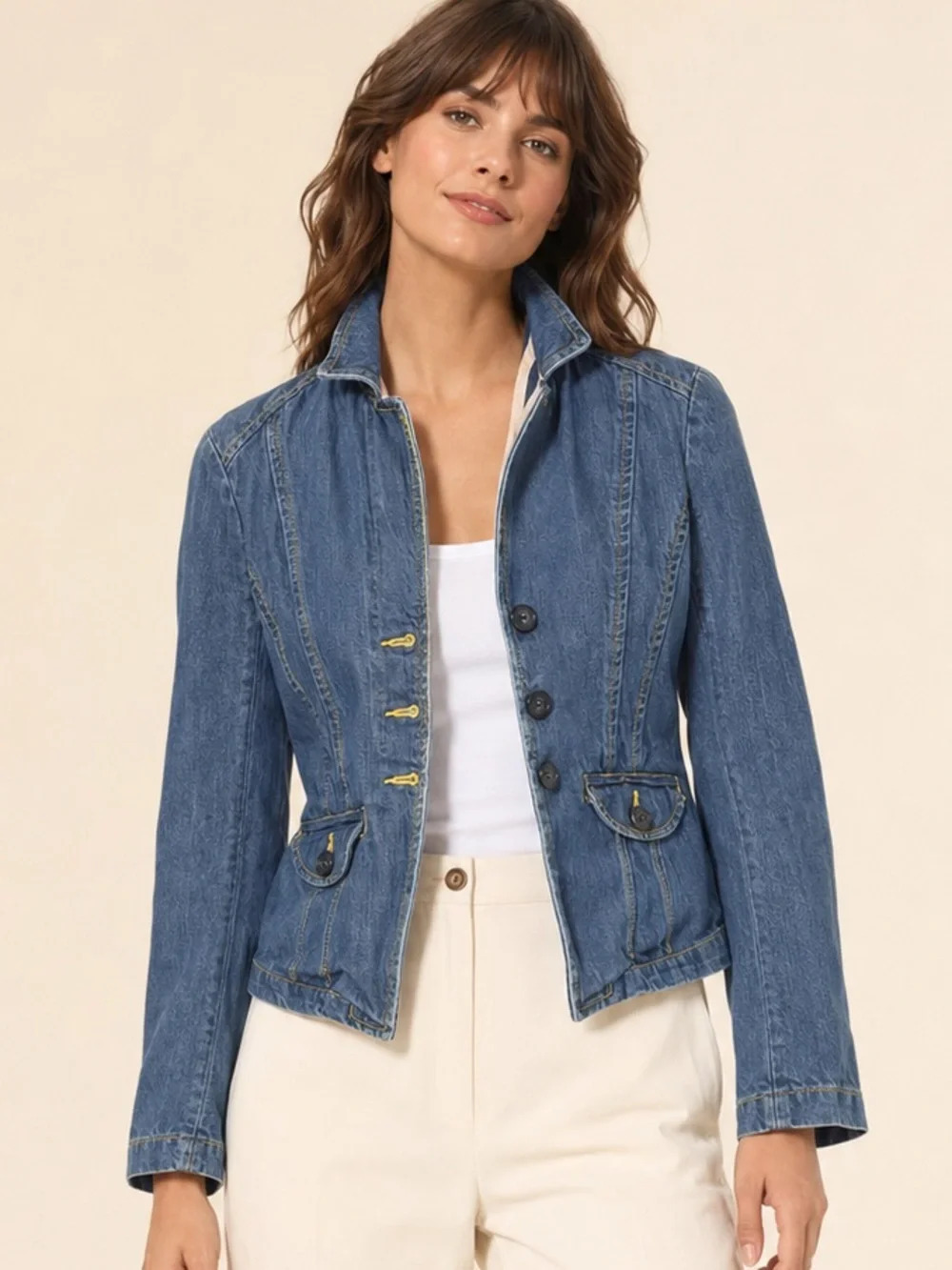 The Limited Denim Blazer Jacket Yellow Contrast Stitching Size M